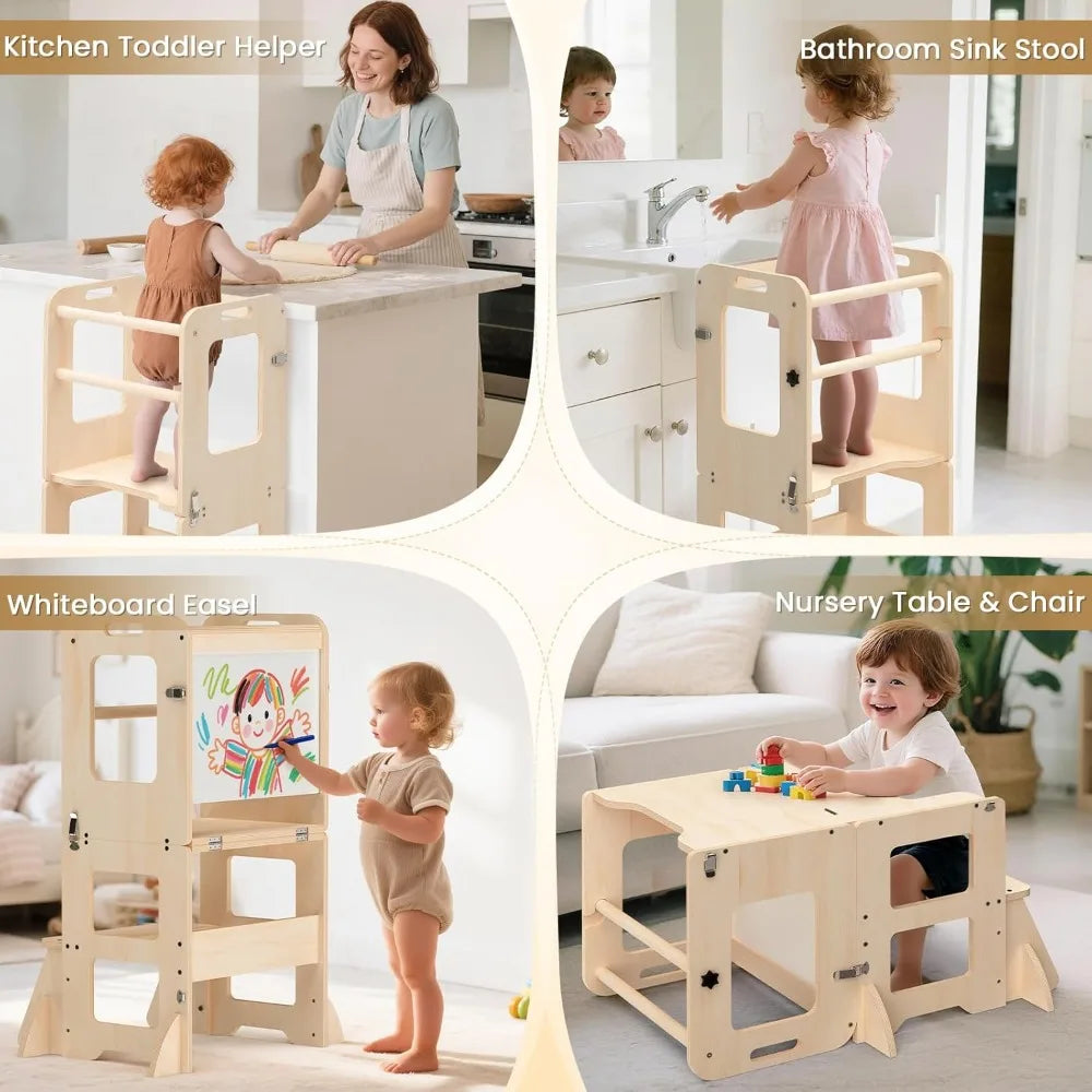 Foldable Kids Learning Tower with Built-In Whiteboard – Toddler Kitchen Helper Stool for Ages 1–3