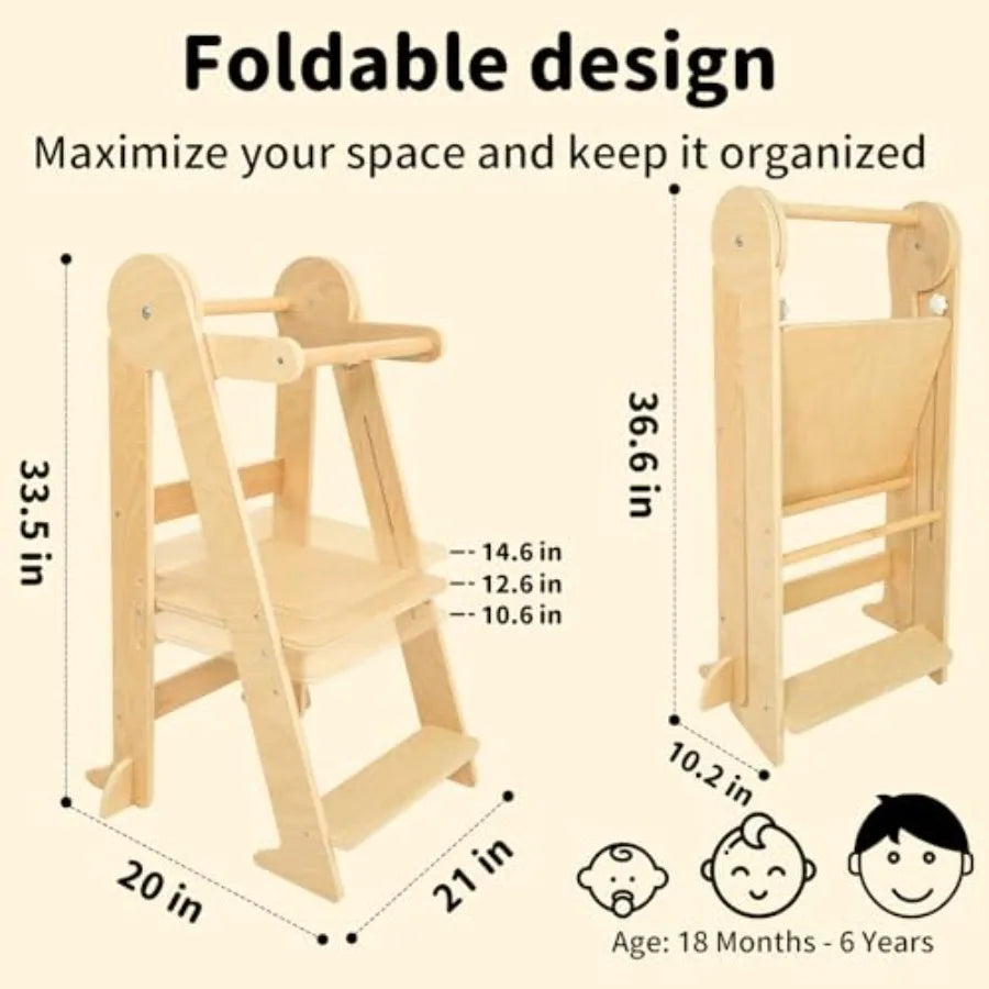 Foldable Montessori Kitchen Helper Tower – 3 Adjustable Heights Toddler Standing Stool for Ages 1–4