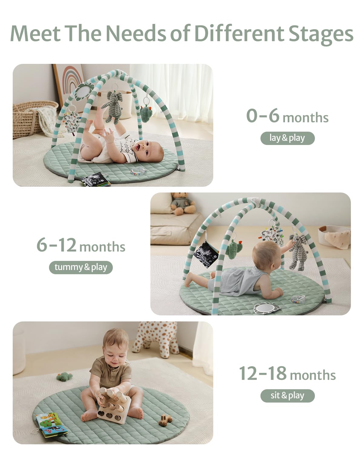 Baby Play Gym Mat with 6 Detachable Sensory Toys, Sage Green