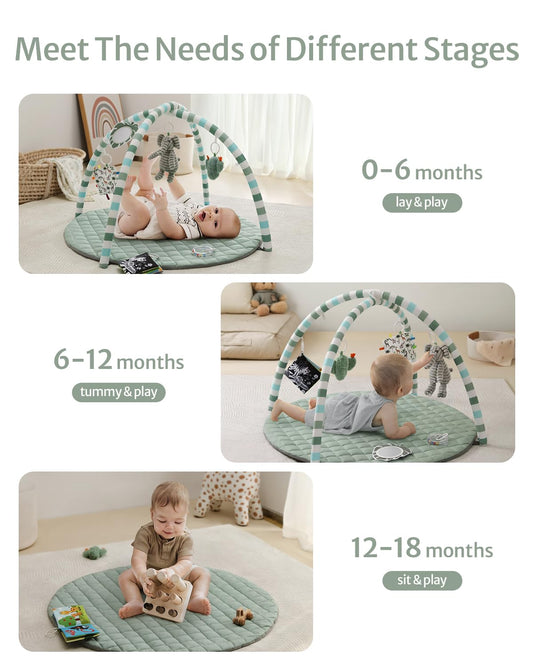 Baby Play Gym Mat with 6 Detachable Sensory Toys, Sage Green