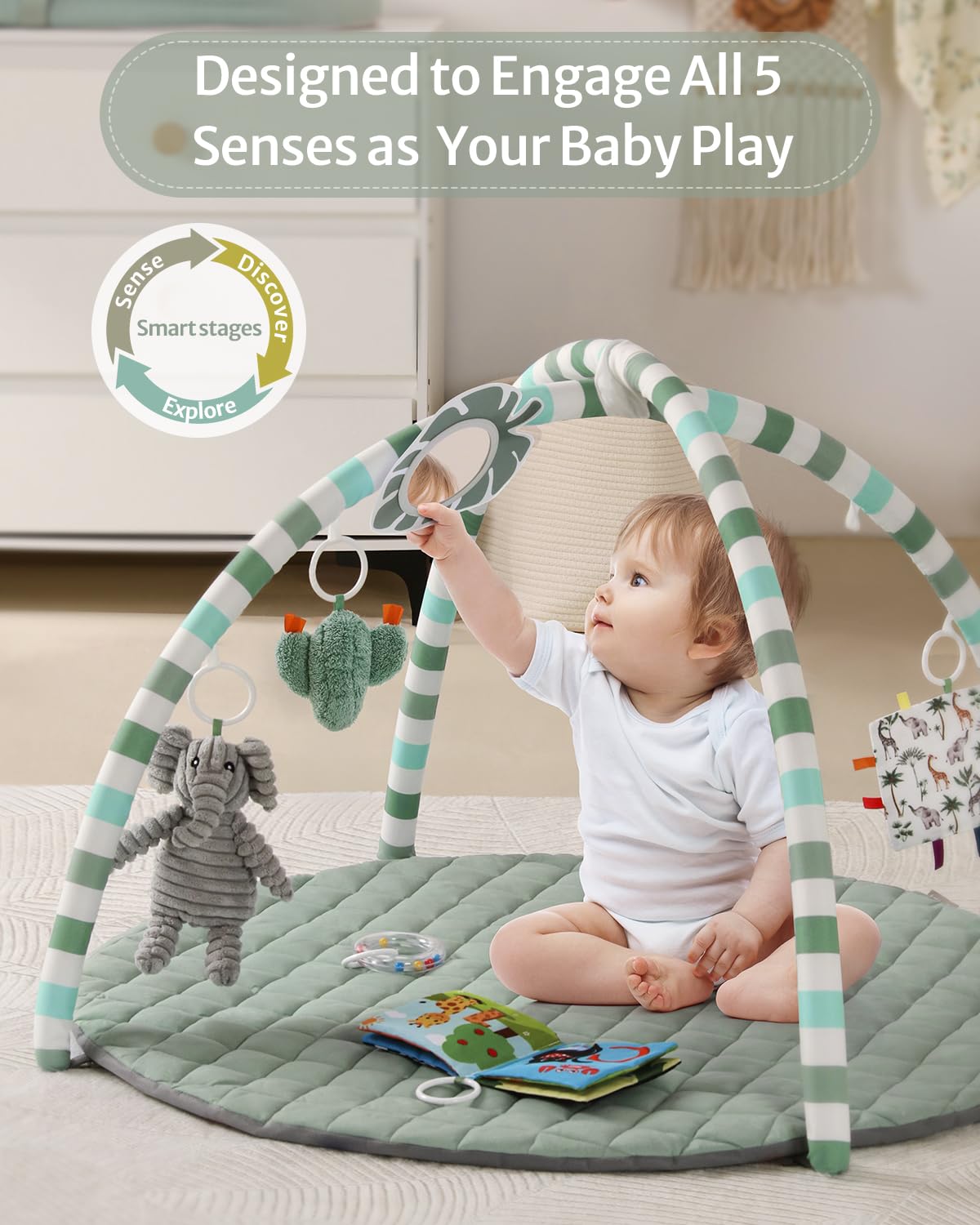 Baby Play Gym Mat with 6 Detachable Sensory Toys, Sage Green