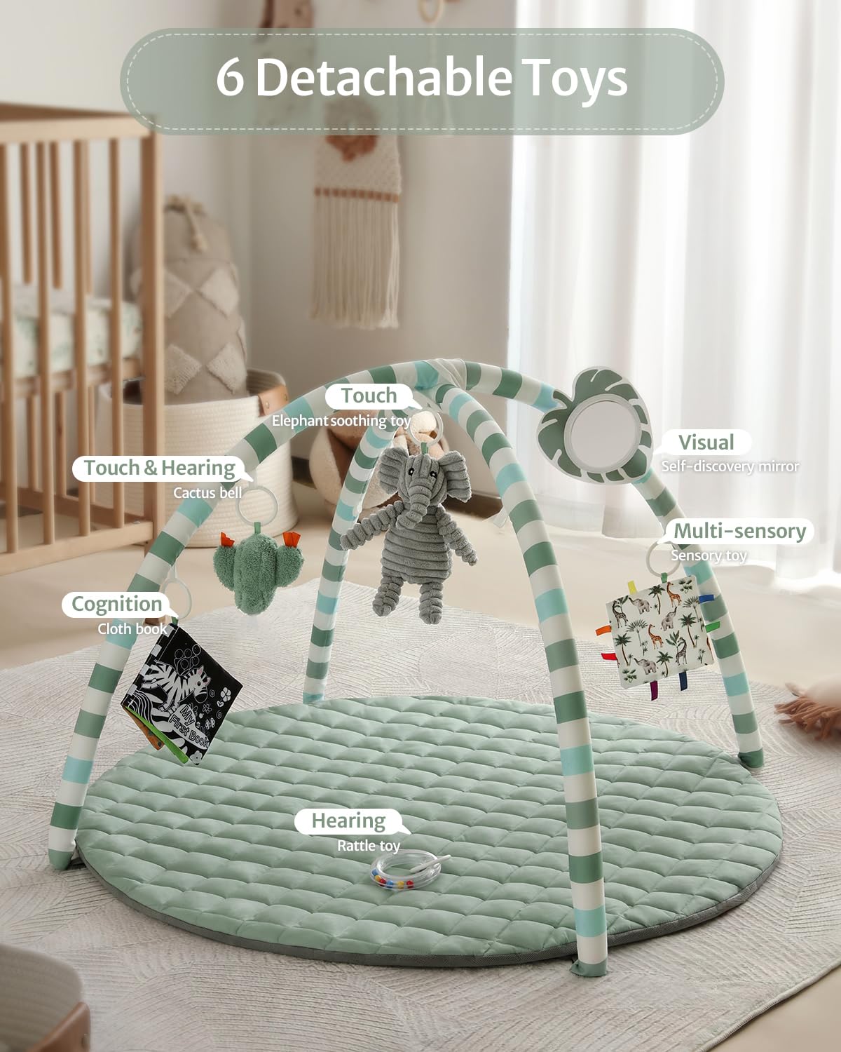 Baby Play Gym Mat with 6 Detachable Sensory Toys, Sage Green
