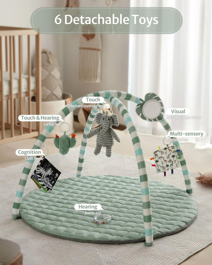 Baby Play Gym Mat with 6 Detachable Sensory Toys, Sage Green