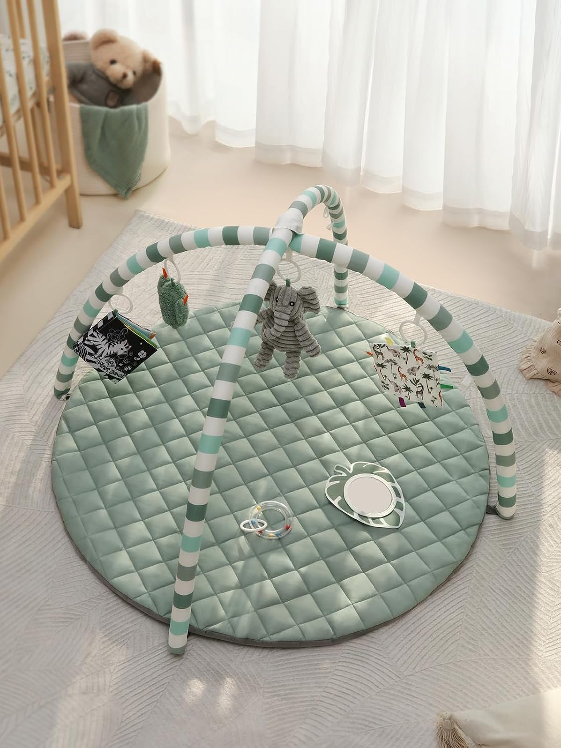 Baby Play Gym Mat with 6 Detachable Sensory Toys, Sage Green
