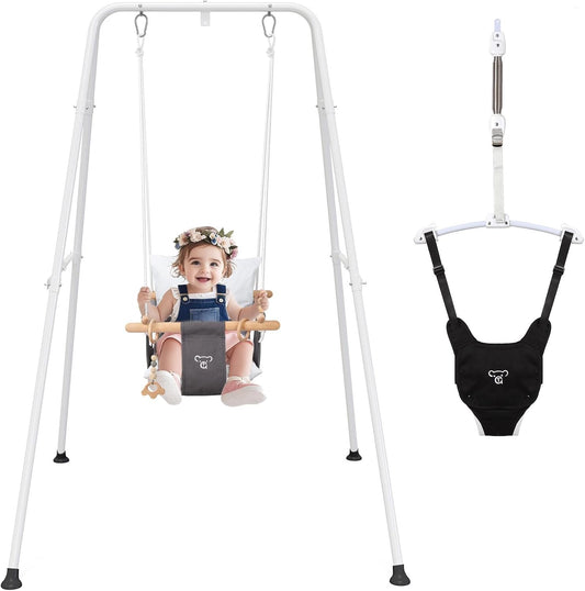 2 in 1 Baby Jumper with Toddler Swing, Baby Jumpers and Bouncers,Indoor Outdoor Toddler Swing Set, Cotton, White