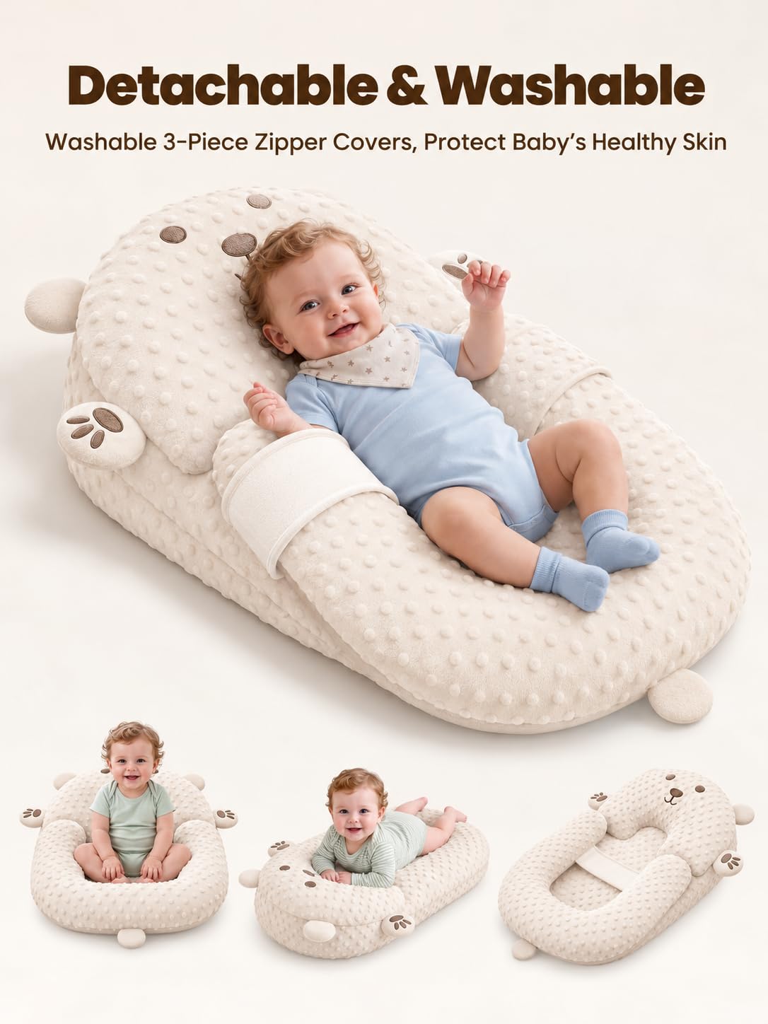 Baby Lounger, Nursing Pillow & Tummy Time Mat with Washable Cover