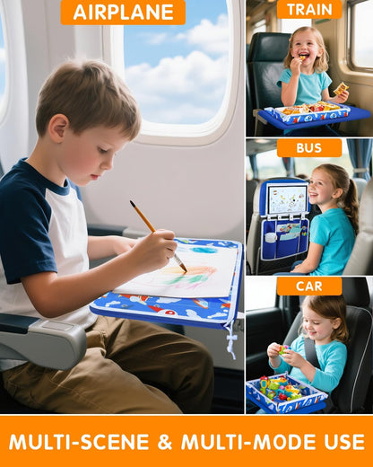 Kids Airplane Tray Table Cover & Pocket Organiser – Blue Plane