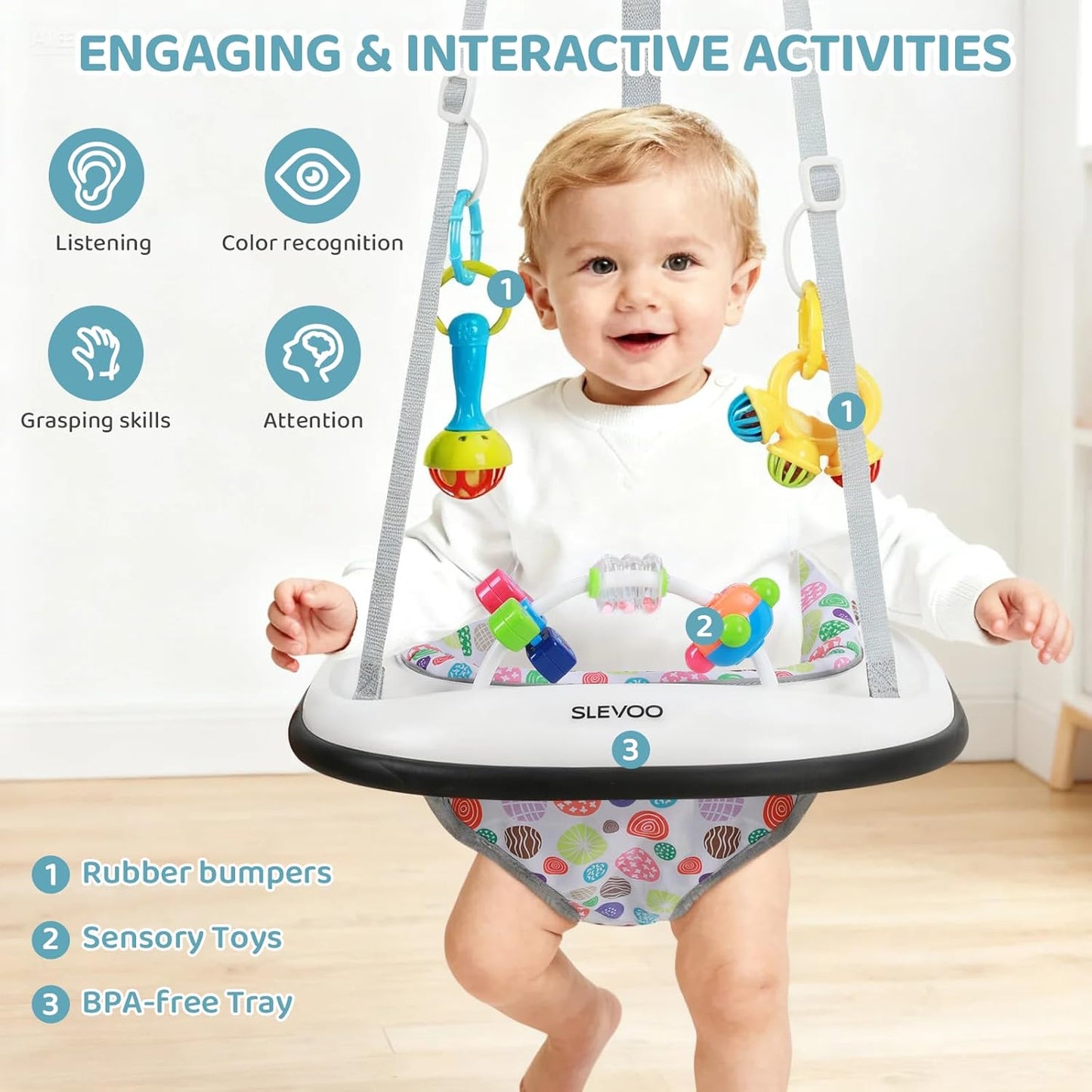 Slevoo Baby Jumper, Baby Door Jumper with Bumper, Play Tray and Two Jingle Rattles, Joyful Bubbles