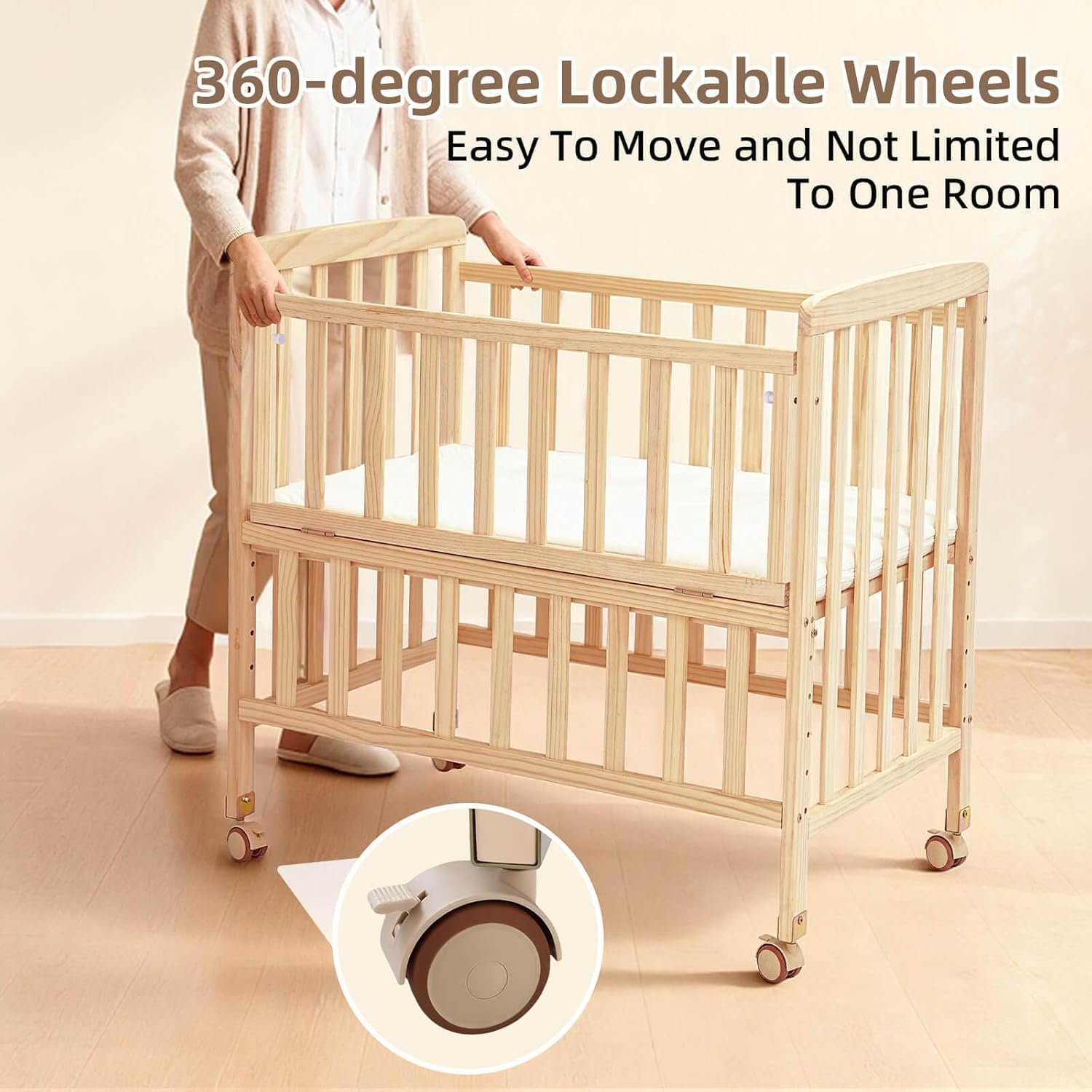 Flwrgirl Baby Bassinets Bedside Sleeper - Portable Pine Wood Bedside Bassinet,6 Heights Small Mini Crib with Mattress,Space-Saving Design Baby Crib for Newborns 0-12 Months,Unpainted