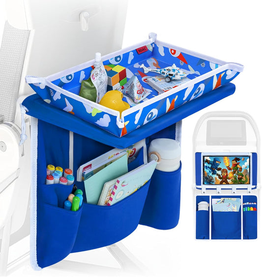 Kids Airplane Tray Table Cover & Pocket Organiser – Blue Plane