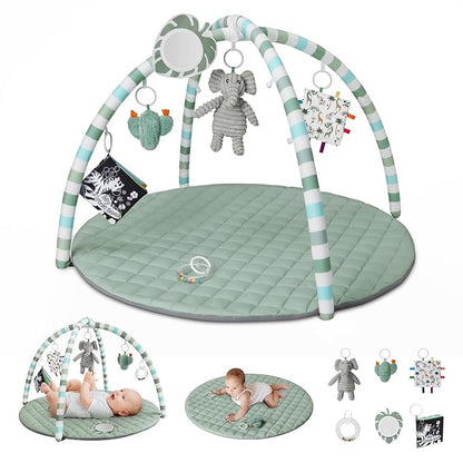 Baby Play Gym Mat with 6 Detachable Sensory Toys, Sage Green