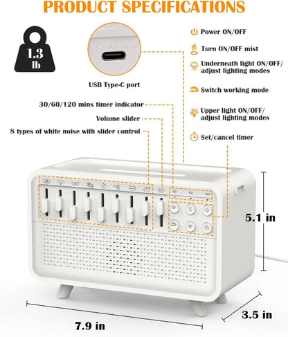 4-in-1 Baby White Noise Machine with Aroma Diffuser, Humidifier & Night Light – 8 Soothing Sounds & 3-Level Dimming