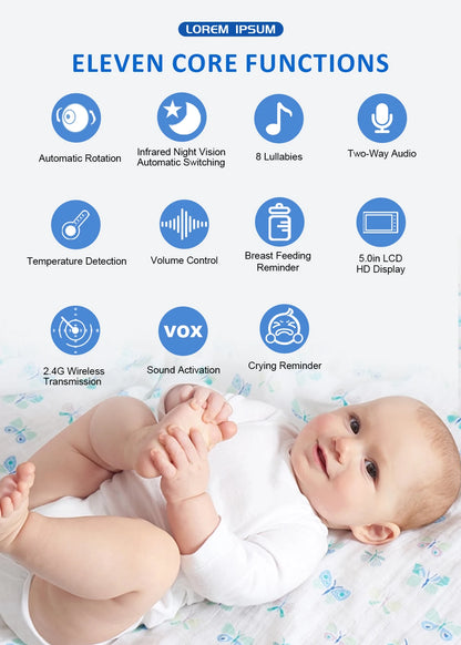 5" HD Video Baby Monitor with PTZ Camera – Night Vision, Two-Way Audio & Temperature Alert
