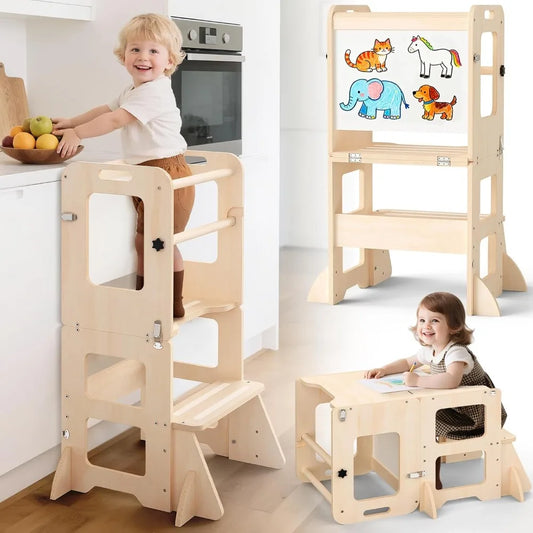 Foldable Kids Learning Tower with Built-In Whiteboard – Toddler Kitchen Helper Stool for Ages 1–3