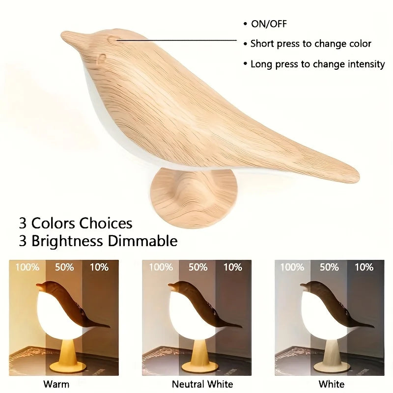 Bird Touch Bedside Lamp for Kids – 3-Colour Dimming USB Rechargeable Night Light for Children's Bedroom