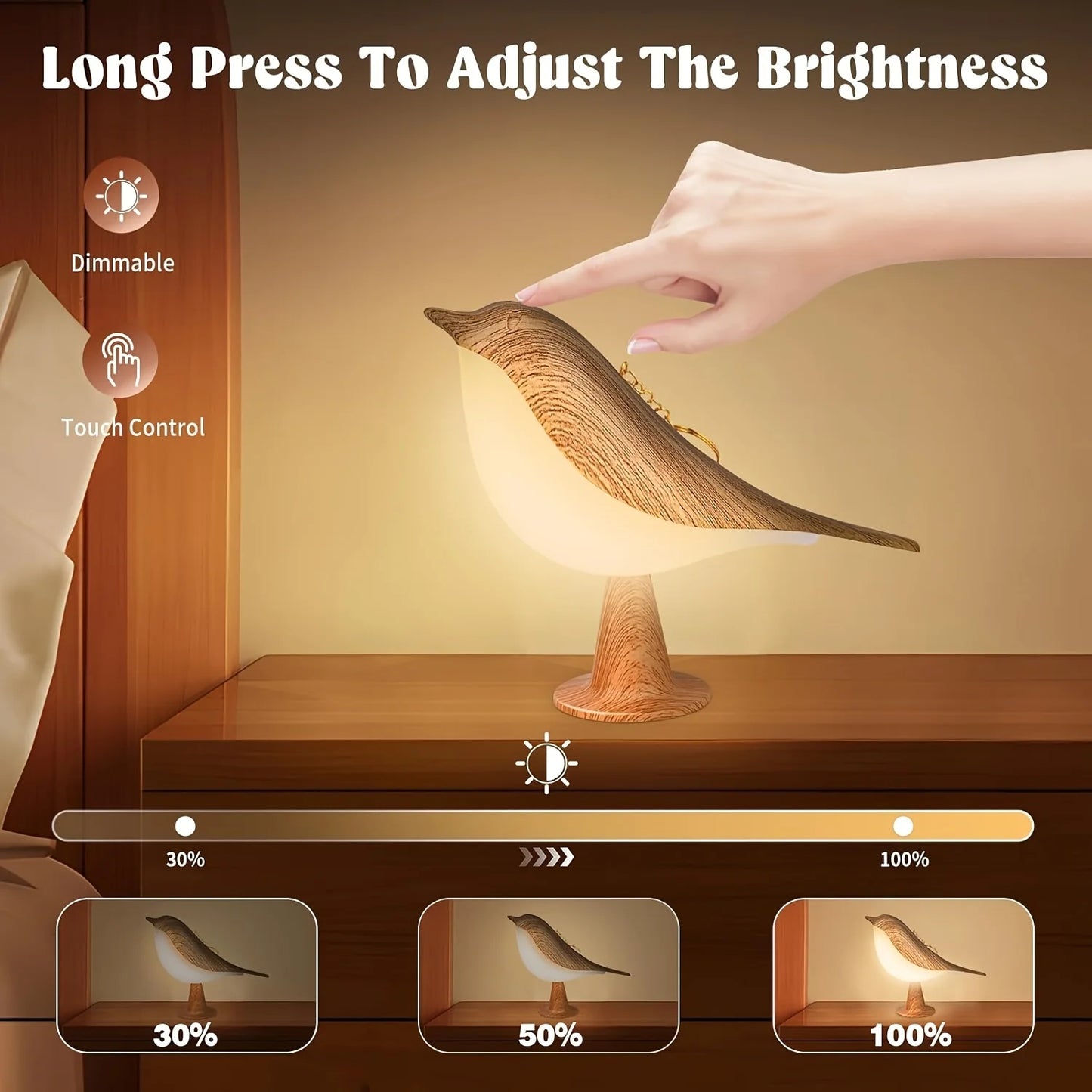 Bird Touch Bedside Lamp for Kids – 3-Colour Dimming USB Rechargeable Night Light for Children's Bedroom