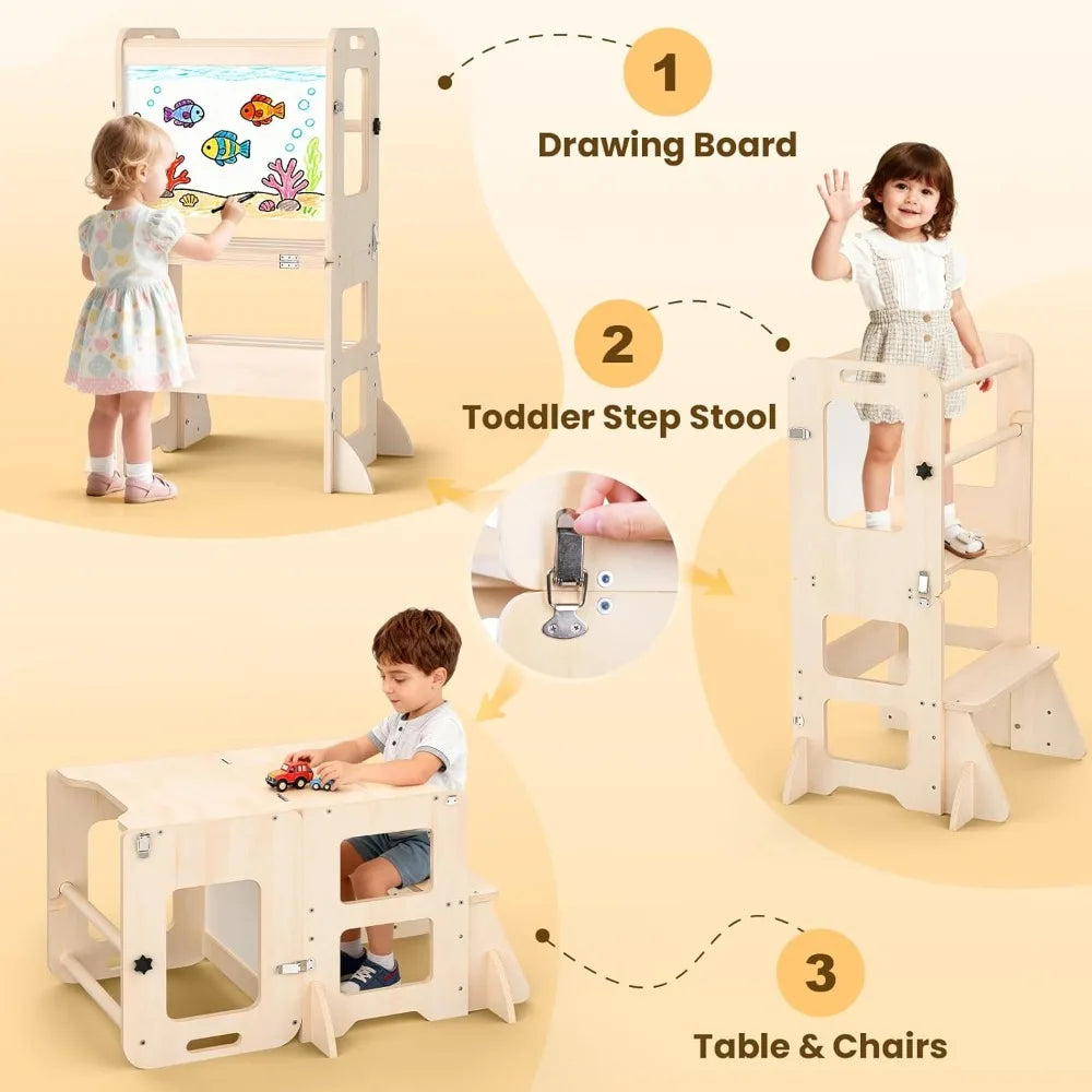 Foldable Kids Learning Tower with Built-In Whiteboard – Toddler Kitchen Helper Stool for Ages 1–3