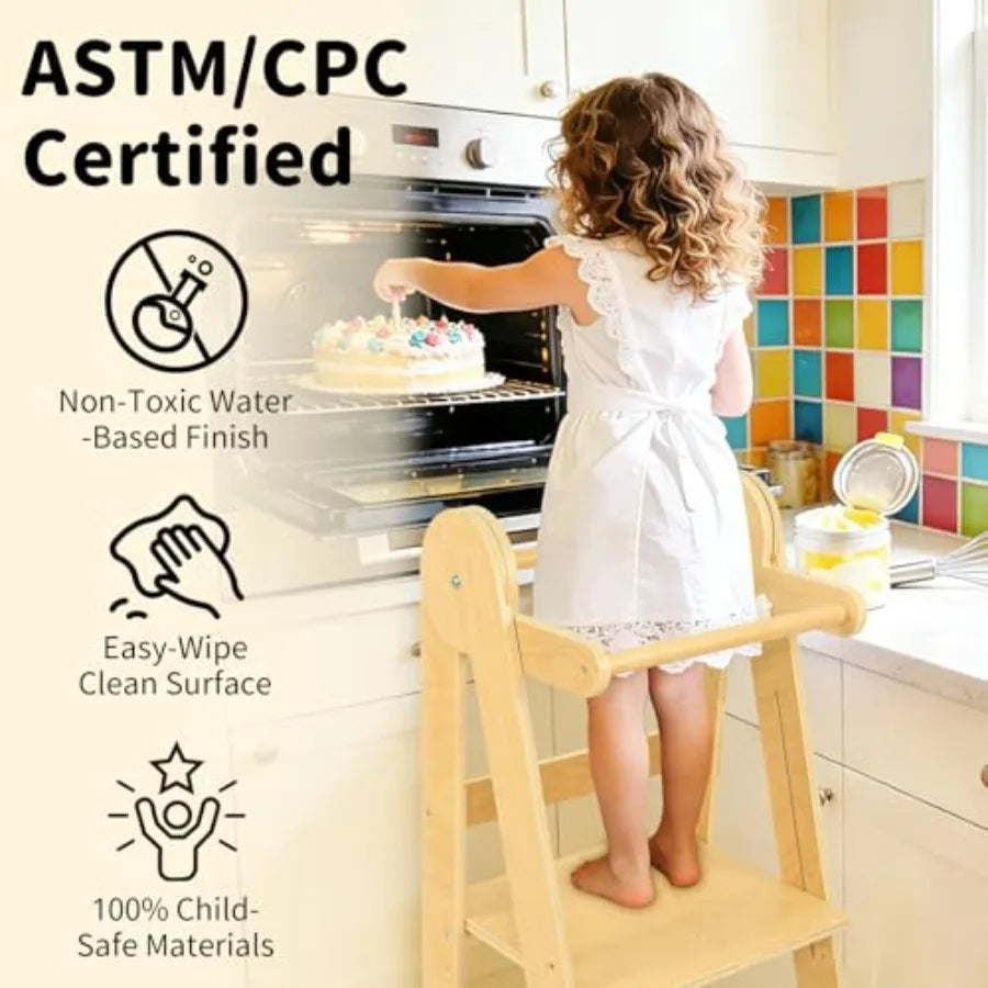 Foldable Montessori Kitchen Helper Tower – 3 Adjustable Heights Toddler Standing Stool for Ages 1–4