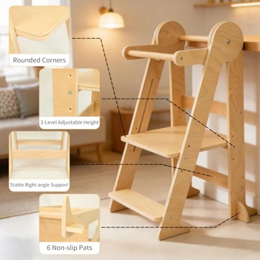 Foldable Montessori Kitchen Helper Tower – 3 Adjustable Heights Toddler Standing Stool for Ages 1–4
