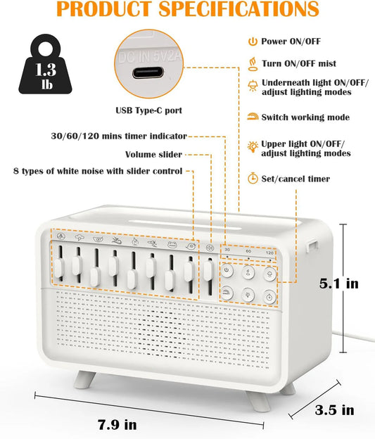 4-in-1 Baby White Noise Machine with Aroma Diffuser, Humidifier & Night Light – 8 Soothing Sounds & 3-Level Dimming