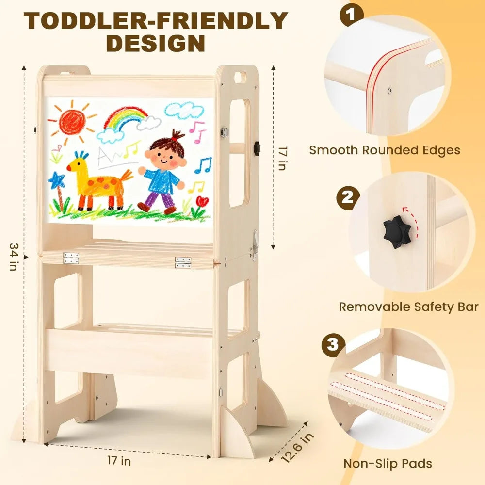 Foldable Kids Learning Tower with Built-In Whiteboard – Toddler Kitchen Helper Stool for Ages 1–3