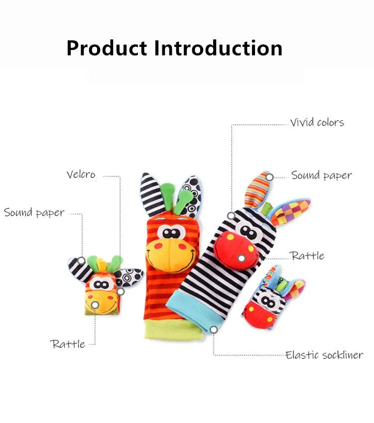Baby Animal Rattle Socks & Wrist Strap Set – 4-Pack Sensory Foot & Hand Rattles for 0–12 Months