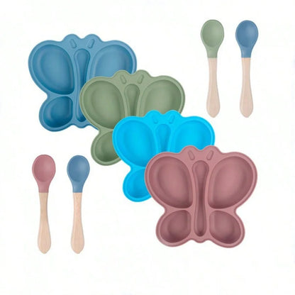 Baby Butterfly Silicone Divided Plate & Bowl Set – 2pcs Non-Slip Suction Tableware for Self-Feeding