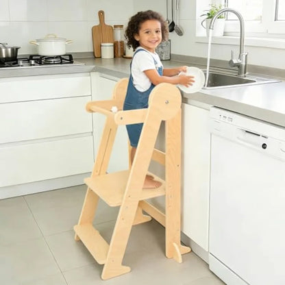 Foldable Montessori Kitchen Helper Tower – 3 Adjustable Heights Toddler Standing Stool for Ages 1–4