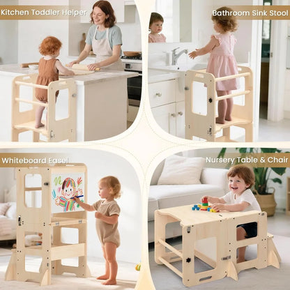 Foldable Kids Learning Tower with Built-In Whiteboard – Toddler Kitchen Helper Stool for Ages 1–3