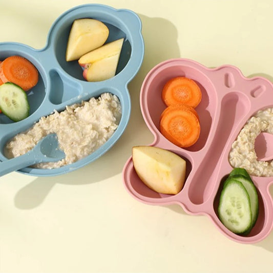 Baby Butterfly Silicone Divided Plate & Bowl Set – 2pcs Non-Slip Suction Tableware for Self-Feeding