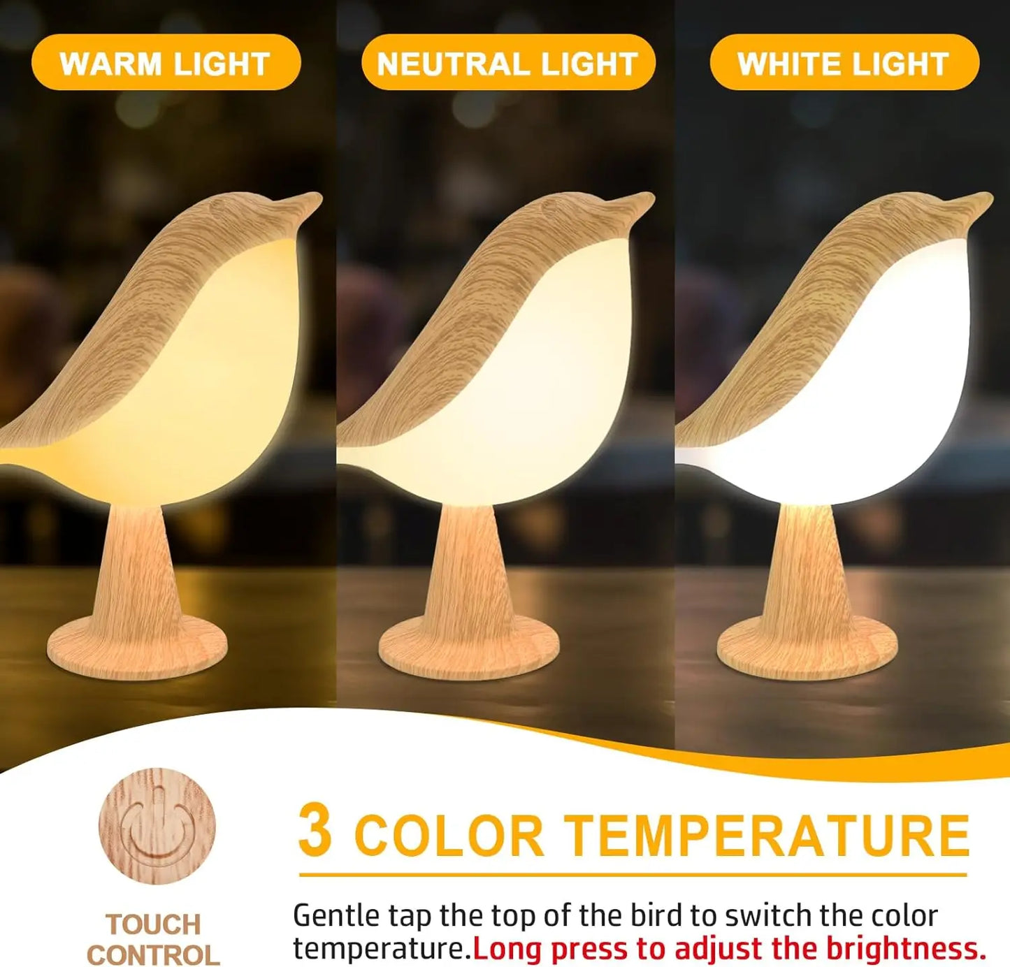 Bird Touch Bedside Lamp for Kids – 3-Colour Dimming USB Rechargeable Night Light for Children's Bedroom