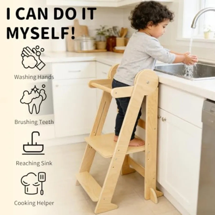 Foldable Montessori Kitchen Helper Tower – 3 Adjustable Heights Toddler Standing Stool for Ages 1–4