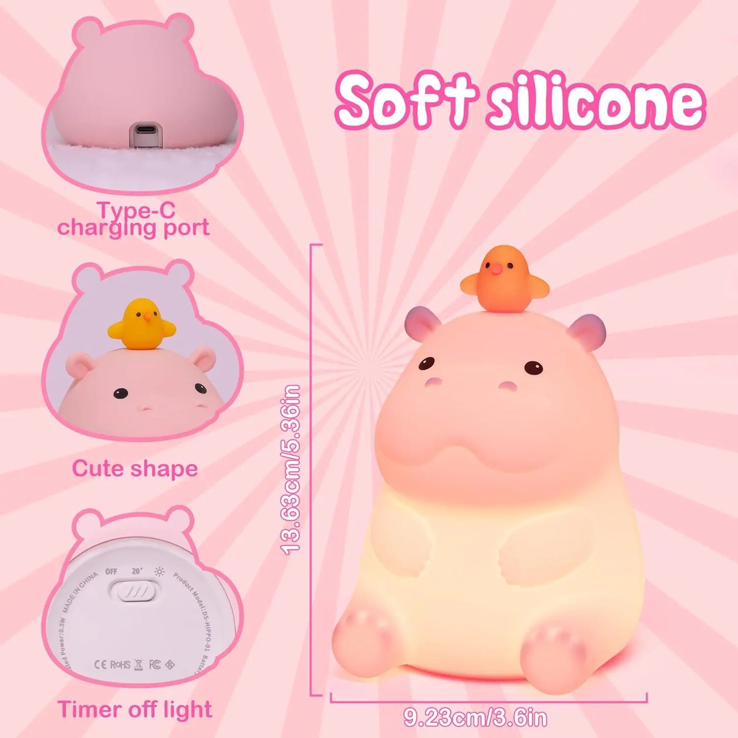 Silicone Animal Night Light for Kids – USB Rechargeable Touch Bedside Lamp | Axolotl, Hippo & Fox