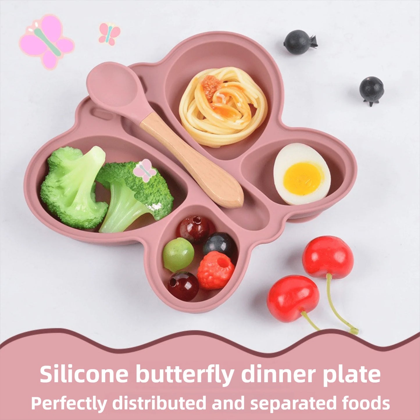 Baby Butterfly Silicone Divided Plate & Bowl Set – 2pcs Non-Slip Suction Tableware for Self-Feeding