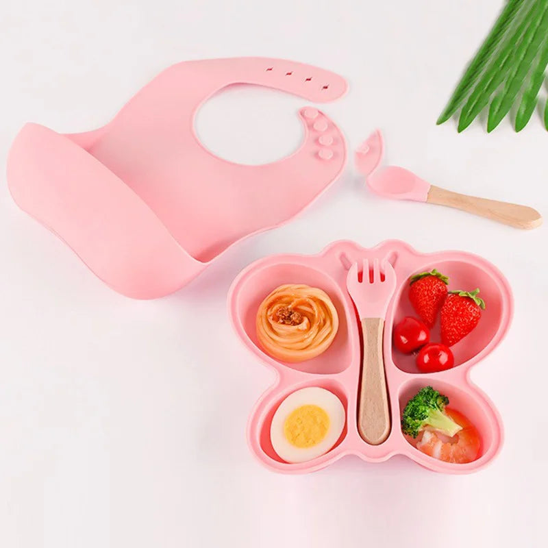 Baby Butterfly Silicone Divided Plate & Bowl Set – 2pcs Non-Slip Suction Tableware for Self-Feeding