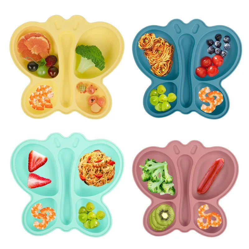 Baby Butterfly Silicone Divided Plate & Bowl Set – 2pcs Non-Slip Suction Tableware for Self-Feeding