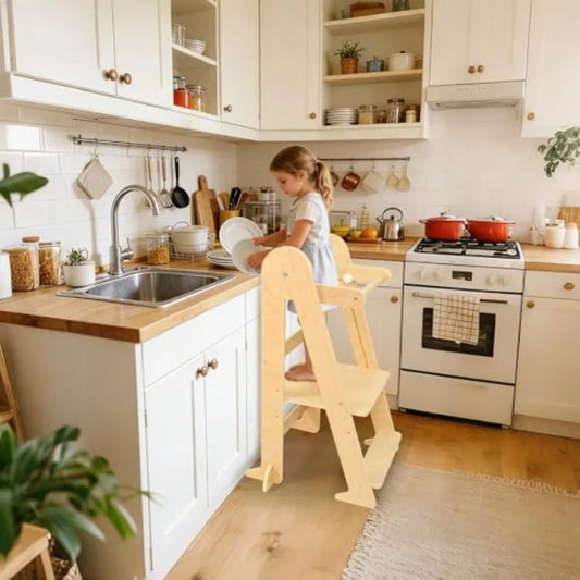 Foldable Montessori Kitchen Helper Tower – 3 Adjustable Heights Toddler Standing Stool for Ages 1–4