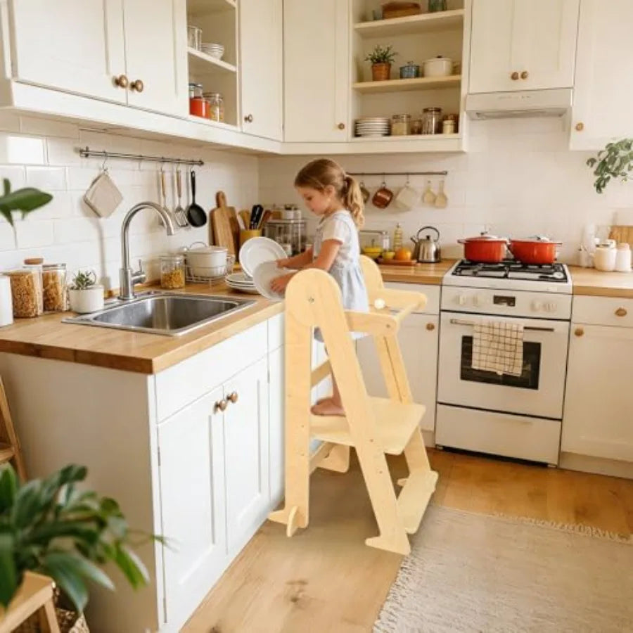 Foldable Montessori Kitchen Helper Tower – 3 Adjustable Heights Toddler Standing Stool for Ages 1–4