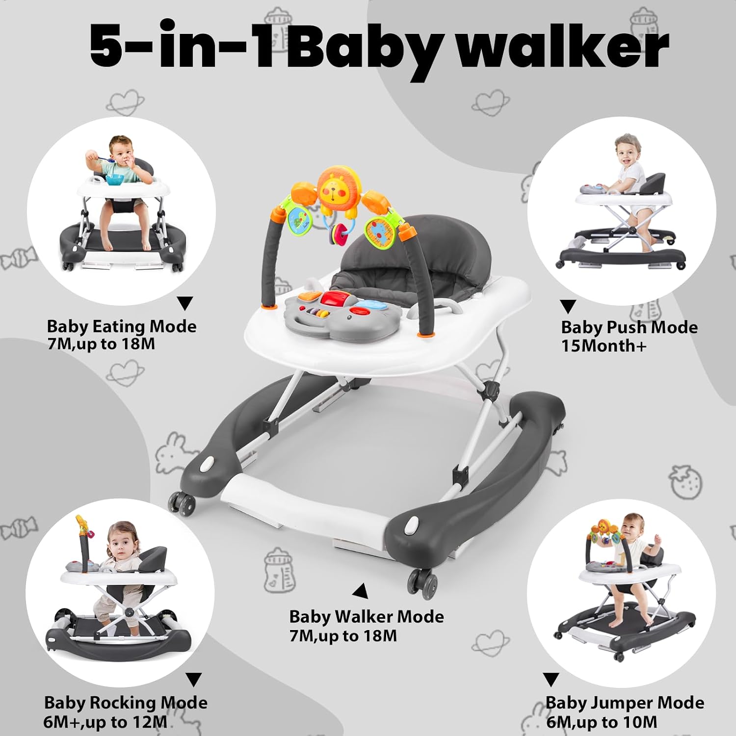 5-in-1 Adjustable Baby Walker with Bouncer, Music & Feeding Tray image 3