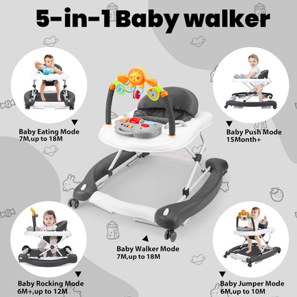 5-in-1 Adjustable Baby Walker with Bouncer, Music & Feeding Tray image 3