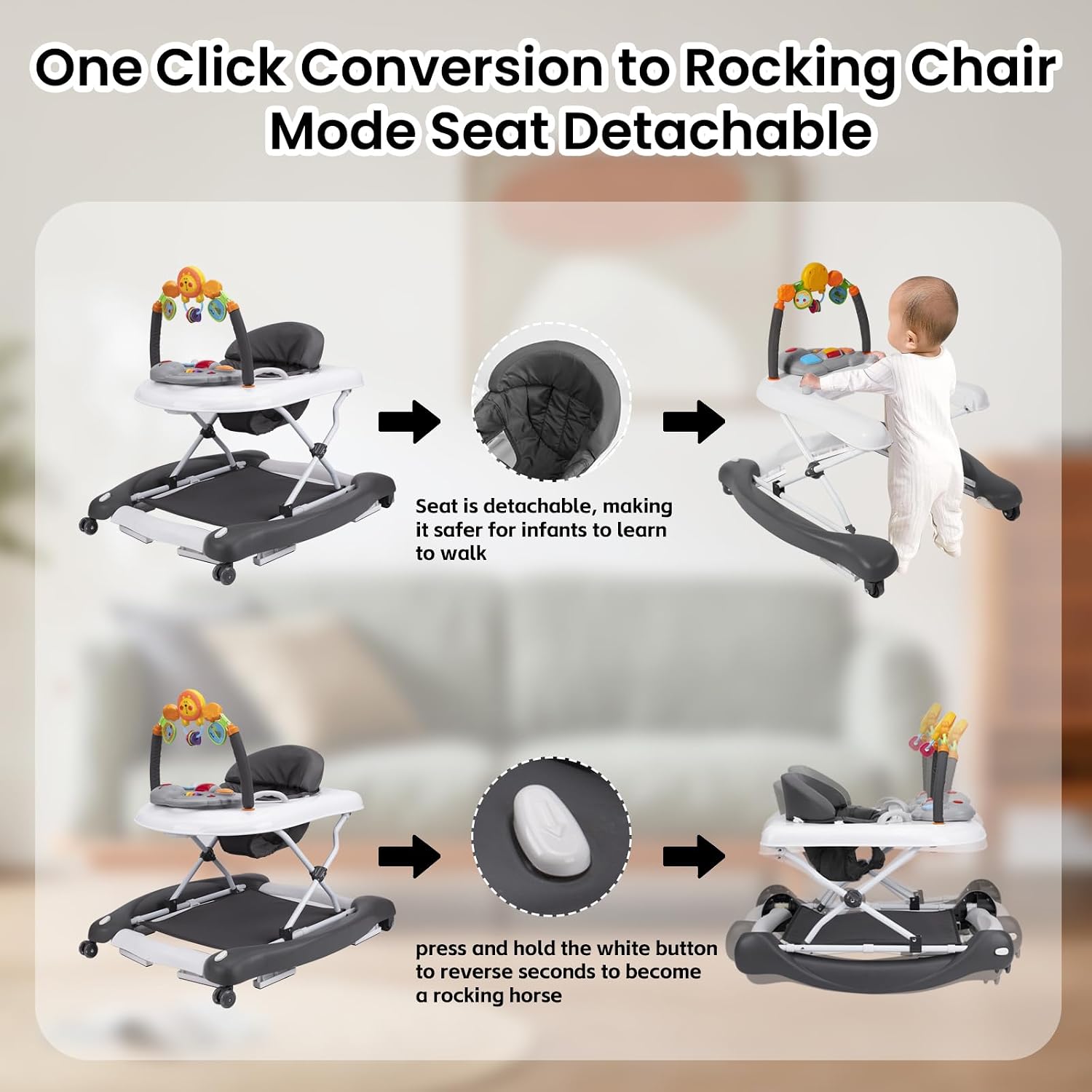 5-in-1 Adjustable Baby Walker with Bouncer, Music & Feeding Tray image 4