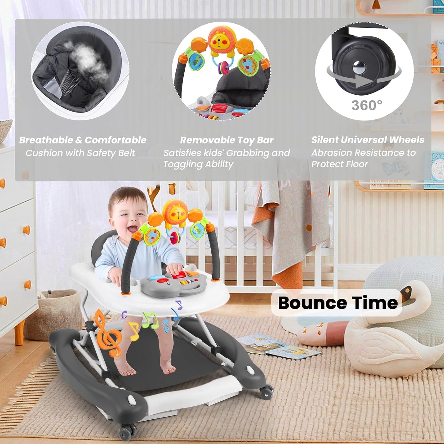 5-in-1 Adjustable Baby Walker with Bouncer, Music & Feeding Tray image 5