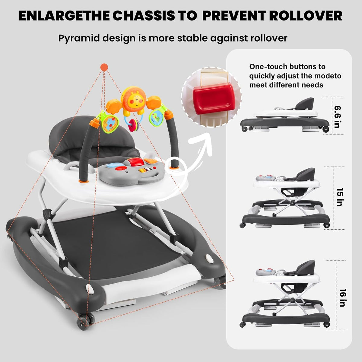 5-in-1 Adjustable Baby Walker with Bouncer, Music & Feeding Tray image 8