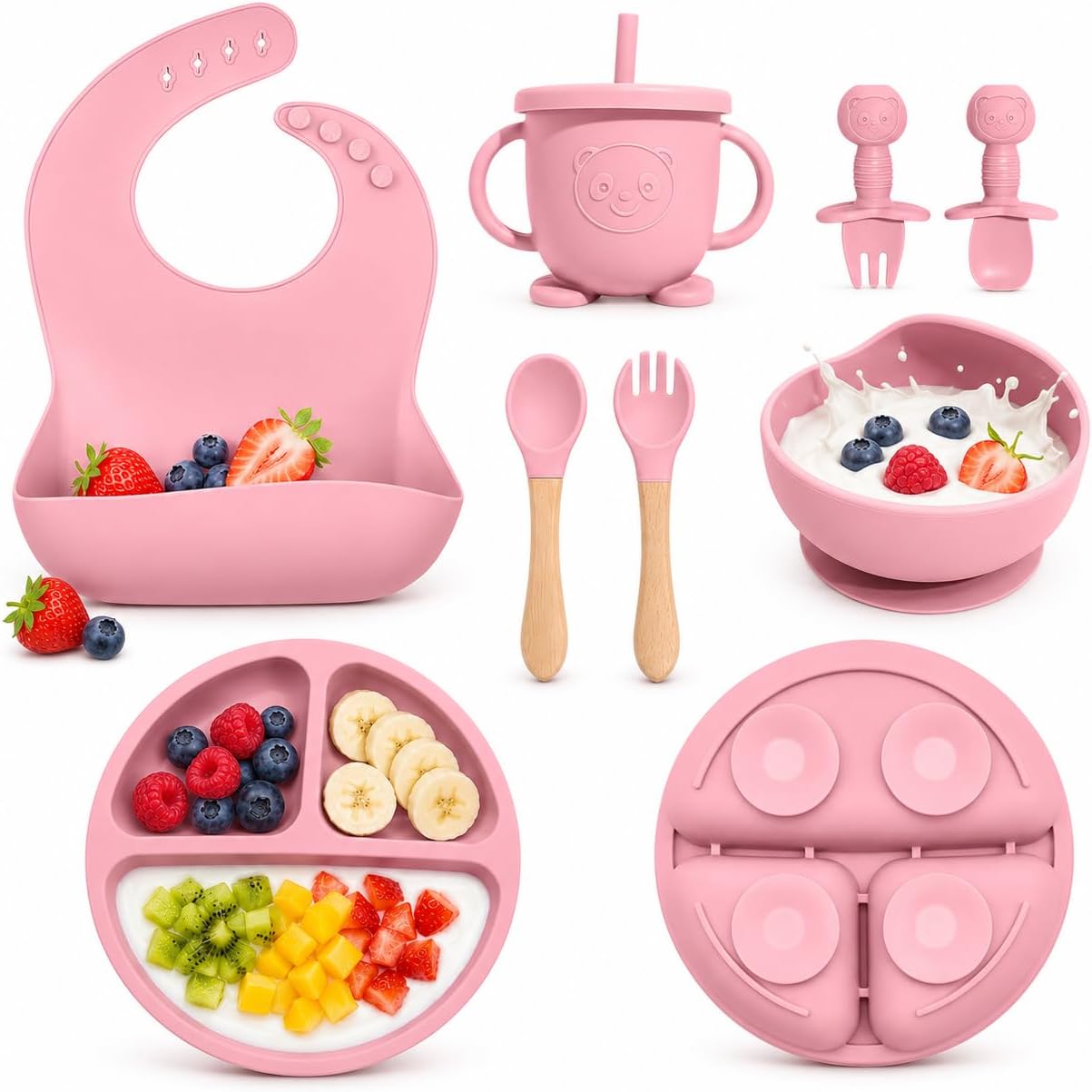 8-Piece Silicone Baby Feeding Set – Pink image 1