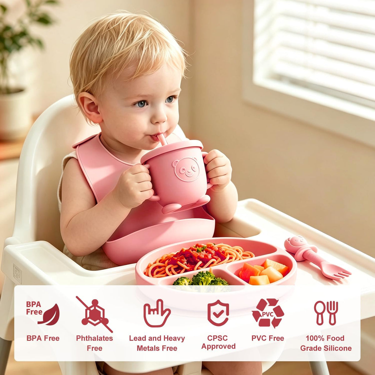 8-Piece Silicone Baby Feeding Set – Pink image 4