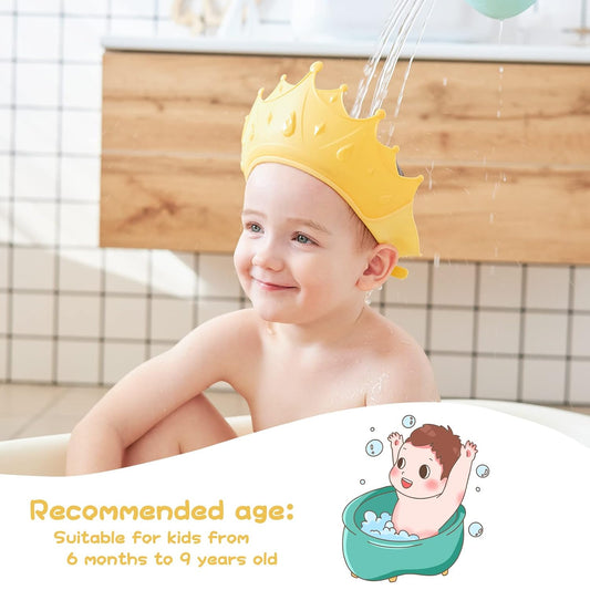Toddler wearing yellow shower cap